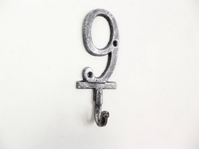 Handcrafted Model Ships K-9055-9-Silver Rustic Silver Cast Iron Number 9 Wall Hook 6"