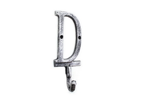 Handcrafted Model Ships K-9056-D-Silver Rustic Silver Cast Iron Letter D Alphabet Wall Hook 6"
