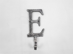 Handcrafted Model Ships K-9056-E-Silver Rustic Silver Cast Iron Letter E Alphabet Wall Hook 6"