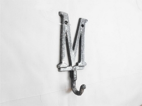 Handcrafted Model Ships K-9056-M-Silver Rustic Silver Cast Iron Letter M Alphabet Wall Hook 6"