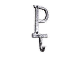 Handcrafted Model Ships K-9056-P-Silver Rustic Silver Cast Iron Letter P Alphabet Wall Hook 6"