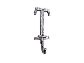 Handcrafted Model Ships K-9056-T-Silver Rustic Silver Cast Iron Letter T Alphabet Wall Hook 6"