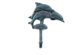 Handcrafted Model Ships K-9058-Seaworn Seaworn Blue Cast Iron Decorative Dolphins Wall Hook 6&quot;