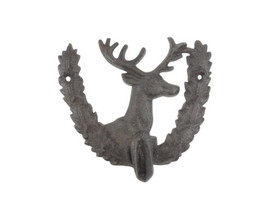 Handcrafted Model Ships k-9069-cast-iron Cast Iron Reindeer with Wreath Decorative Metal Wall Hook 7"