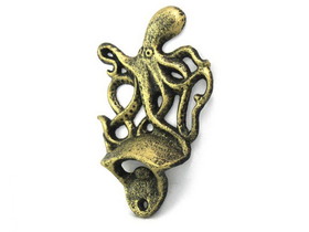 Handcrafted Model Ships K-9116-gold Antique Gold Cast Iron Wall Mounted Octopus Bottle Opener 6"