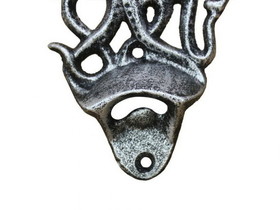 Handcrafted Model Ships K-9116-silver Antique Silver Cast Iron Wall Mounted Octopus Bottle Opener 6&quot;