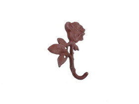 Handcrafted Model Ships k-9214-Rose-ww-red Rustic Red Whitewashed Cast Iron Long Stem Rose Decorative Metal Wall Hook 5.5"