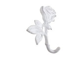 Handcrafted Model Ships k-9214-Rose-w Whitewashed Cast Iron Long Stem Rose Decorative Metal Wall Hook 5.5