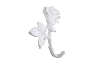 Handcrafted Model Ships k-9214-Rose-w Whitewashed Cast Iron Long Stem Rose Decorative Metal Wall Hook 5.5"