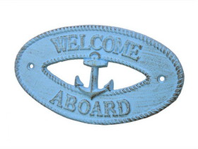 Handcrafted Model Ships K-9308-solid-light-blue Rustic Light Blue Cast Iron Welcome Aboard with Anchor Sign 8"