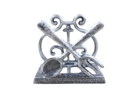 Handcrafted Model Ships k-9312-FS-silver Rustic Silver Cast Iron Fork and Spoon Kitchen Napkin Holder 5"