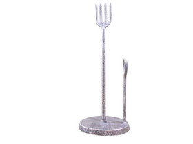 Handcrafted Model Ships k-9316-FS-silver Rustic Silver Cast Iron Fork and Spoon Kitchen Paper Towel Holder 15"