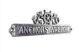 Handcrafted Model Ships K-9326-silver Antique Silver Cast Iron Anchors Aweigh Sign with Ship Wheel and Anchors 9