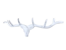Handcrafted Model Ships k-9340-w Whitewashed Cast Iron Large Deer Head Antlers Decorative Metal Wall Hooks 15"