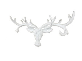 Handcrafted Model Ships k-9340A-w Whitewashed Cast Iron Deer Head Antlers Decorative Metal Wall Hooks 13"