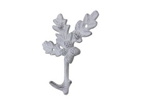 Handcrafted Model Ships K-9914-w Whitewashed Cast Iron Oak Tree Leaves with Acorns Decorative Metal Tree Branch Hooks 6.5"