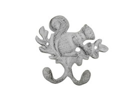 Handcrafted Model Ships K-9930-w Whitewashed Cast Iron Squirrel with Acorn Decorative Double Metal Wall Hooks 8"