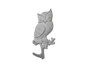 Handcrafted Model Ships K-9932-w Whitewashed Cast Iron Owl Sitting on a Tree Branch Decorative Metal Wall Hook 6.5"