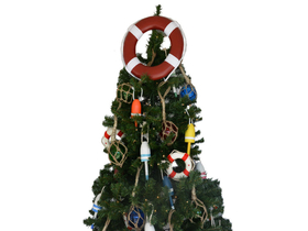 Handcrafted Model Ships Lifering-15inch-320-XMASS Red Lifering with White Bands Christmas Tree Topper Decoration