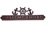 Handcrafted Model Ships MC-2262-AC Antique Copper Welcome Aboard Sign with Ship Wheel and Anchors 12