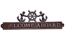 Handcrafted Model Ships MC-2262-AC Antique Copper Welcome Aboard Sign with Ship Wheel and Anchors 12"