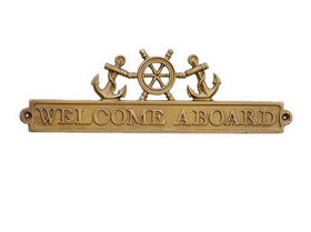Handcrafted Model Ships MC-2262-AN Antique Brass Welcome Aboard Sign with Ship Wheel and Anchors 12"