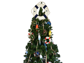 Handcrafted Model Ships New Blue Lifering 15-XMASS White Lifering with Blue Bands Christmas Tree Topper Decoration