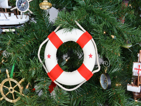 Handcrafted Model Ships New-Lifering-6-red-XMASS White Lifering with Red Bands Christmas Tree Ornament 6"