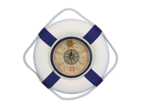 Handcrafted Model Ships New-Lifering-Clock-Blue-12 Classic White Decorative Lifering Clock with Blue Bands 12"