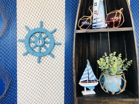 Handcrafted Model Ships New-Light-Blue-SW-12-sailboat Light Blue Decorative Ship Wheel with Sailboat 12"