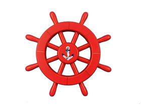 Handcrafted Model Ships New-Red-SW-12-Anchor Red Decorative Ship Wheel With Anchor 12"