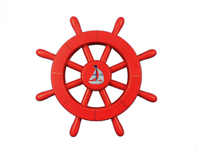 Handcrafted Model Ships New-Red-SW-12-Sailboat Red Decorative Ship Wheel With Sailboat 12"