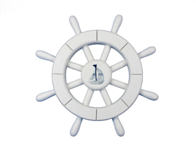 Handcrafted Model Ships New-White-SW-12-Sailboat White Decorative Ship Wheel With Sailboat 12"