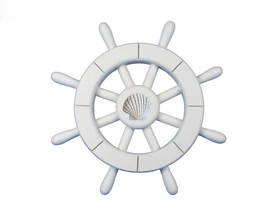 Handcrafted Model Ships New-White-SW-12-Seashell White Decorative Ship Wheel With Seashell 12"