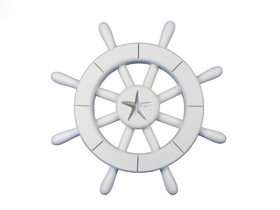 Handcrafted Model Ships New-White-SW-12-Starfish White Decorative Ship Wheel With Starfish 12"