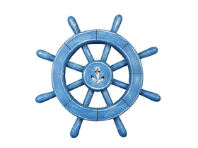 Handcrafted Model Ships rustic-all-light-blue-sw-12-anchor Rustic All Light Blue Decorative Ship Wheel With Anchor 12"
