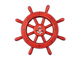 Handcrafted Model Ships Rustic-All-Red-SW-12-Anchor Rustic All Red Decorative Ship Wheel With Anchor 12"