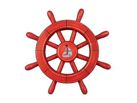 Handcrafted Model Ships Rustic-All-Red-SW-12-Sailboat Rustic All Red Decorative Ship Wheel With Sailboat 12"