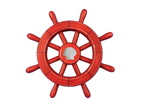 Handcrafted Model Ships Rustic-All-Red-SW-12-Seashell Rustic All Red Decorative Ship Wheel With Seashell 12"