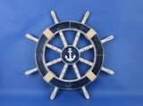 Handcrafted Model Ships Rustic-Dark-Blue-SW-Anchor-18 Rustic Dark Blue Ship Wheel with Anchor 18