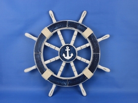 Handcrafted Model Ships Rustic-Dark-Blue-SW-Anchor-18 Rustic Dark Blue Decorative Ship Wheel with Anchor 18"