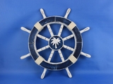 Handcrafted Model Ships Rustic-Dark-Blue-SW-Palm-Tree-18 Rustic Dark Blue Decorative Ship Wheel with Palm Tree 18