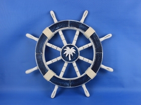 Handcrafted Model Ships Rustic-Dark-Blue-SW-Palm-Tree-18 Rustic Dark Blue Decorative Ship Wheel with Palm Tree 18"