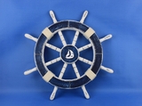 Handcrafted Model Ships Rustic-Dark-Blue-SW-Sailboat-18 Rustic Dark Blue Decorative Ship Wheel with Sailboat 18