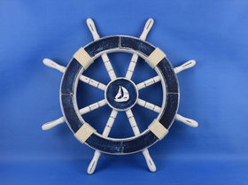 Handcrafted Model Ships Rustic-Dark-Blue-SW-Sailboat-18 Rustic Dark Blue Decorative Ship Wheel with Sailboat 18"