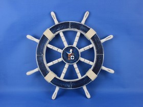Handcrafted Model Ships Rustic-Dark-Blue-SW-Seagull-and-Lifering-18 Rustic Dark Blue Decorative Ship Wheel with Seagull and Lifering 18"