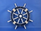 Handcrafted Model Ships Rustic-Dark-Blue-SW-Seashell-18 Rustic Dark Blue Decorative Ship Wheel with Seashell 18