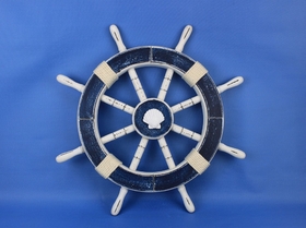 Handcrafted Model Ships Rustic-Dark-Blue-SW-Seashell-18 Rustic Dark Blue Decorative Ship Wheel with Seashell 18"