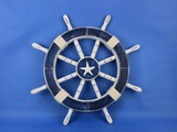Handcrafted Model Ships Rustic-Dark-Blue-SW-Starfish-18 Rustic Dark Blue Decorative Ship Wheel with Starfish 18