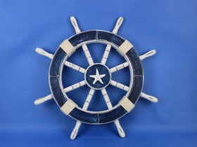 Handcrafted Model Ships Rustic-Dark-Blue-SW-Starfish-18 Rustic Dark Blue Decorative Ship Wheel with Starfish 18"